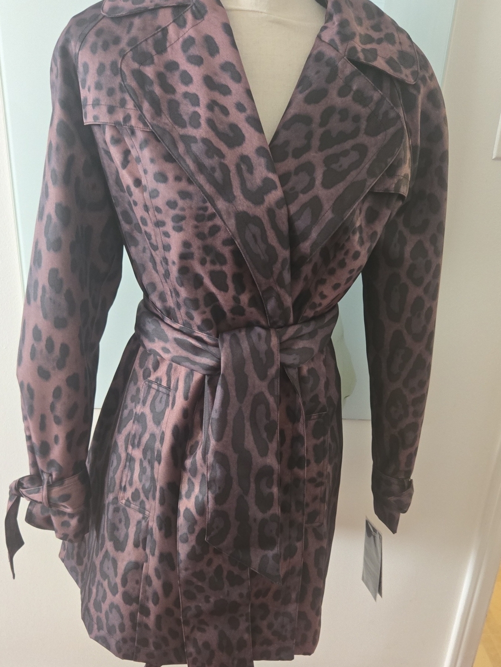 Pamela McCoy Brown and Black Leopard-Print Long Sleeve Tie-Waist Trench Coat